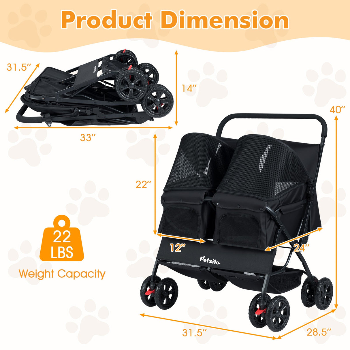 Cochecito doble plegable para mascotas con parasol ajustable y cesta de almacenamiento