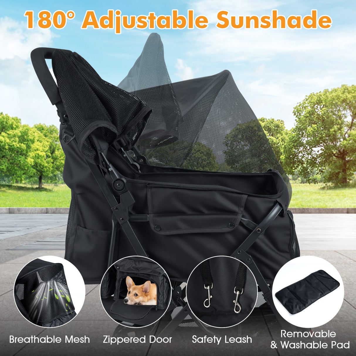 Cochecito doble plegable para mascotas con parasol ajustable y cesta de almacenamiento