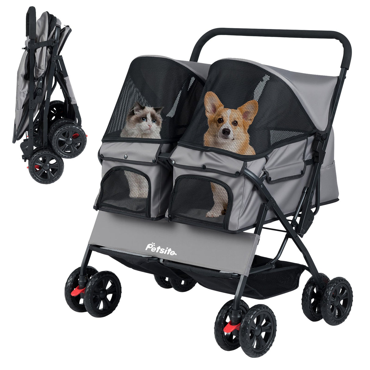 Cochecito doble plegable para mascotas con parasol ajustable y cesta de almacenamiento