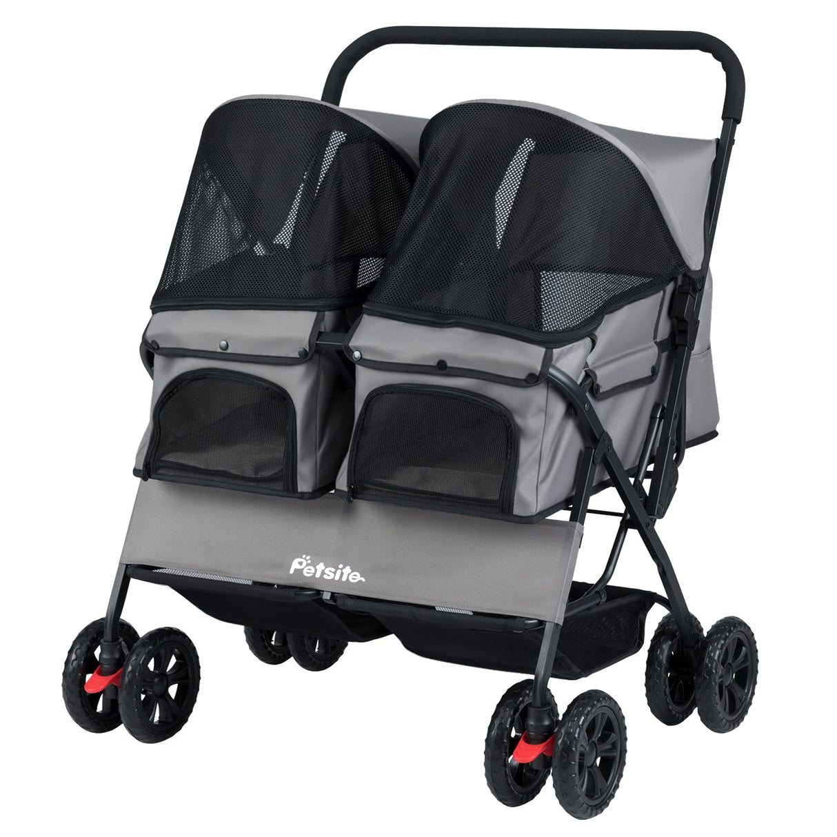 Cochecito doble plegable para mascotas con parasol ajustable y cesta de almacenamiento