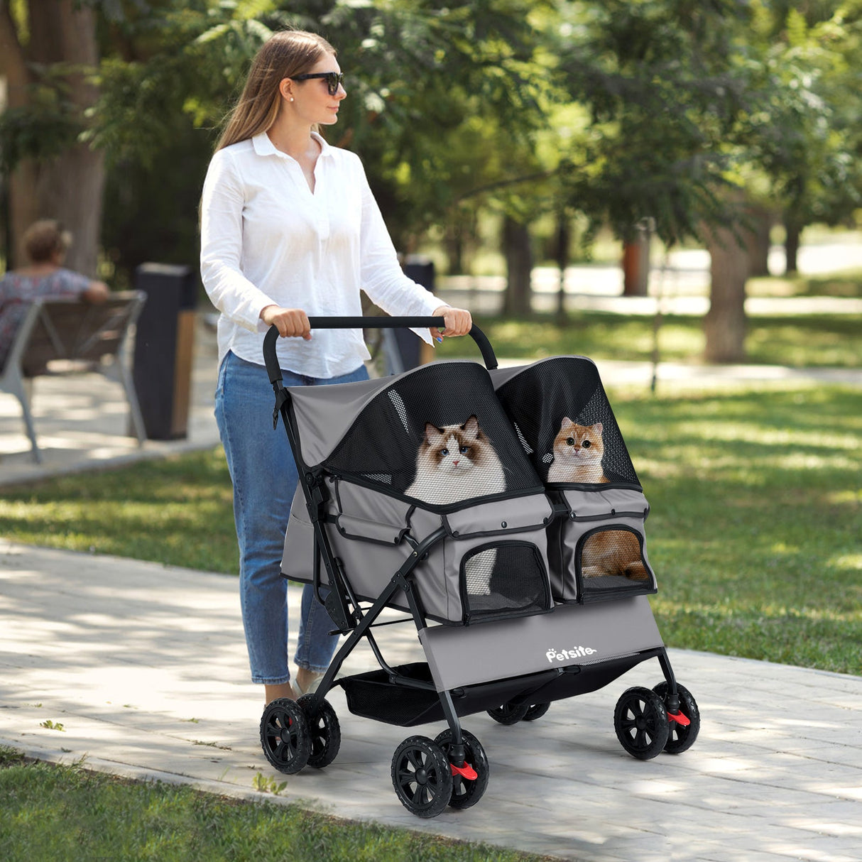 Cochecito doble plegable para mascotas con parasol ajustable y cesta de almacenamiento