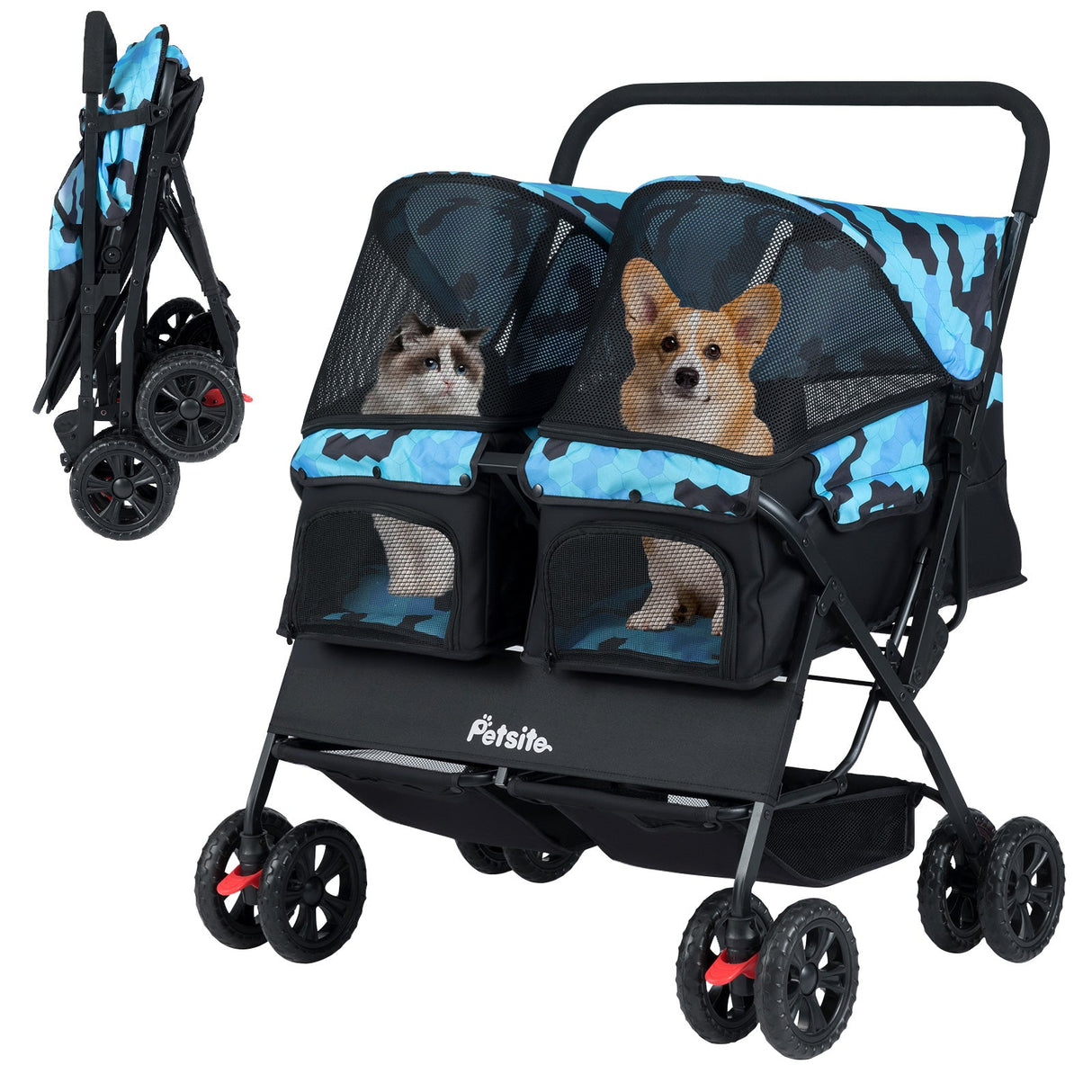 Cochecito doble plegable para mascotas con parasol ajustable y cesta de almacenamiento