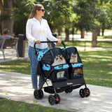 Cochecito doble plegable para mascotas con parasol ajustable y cesta de almacenamiento