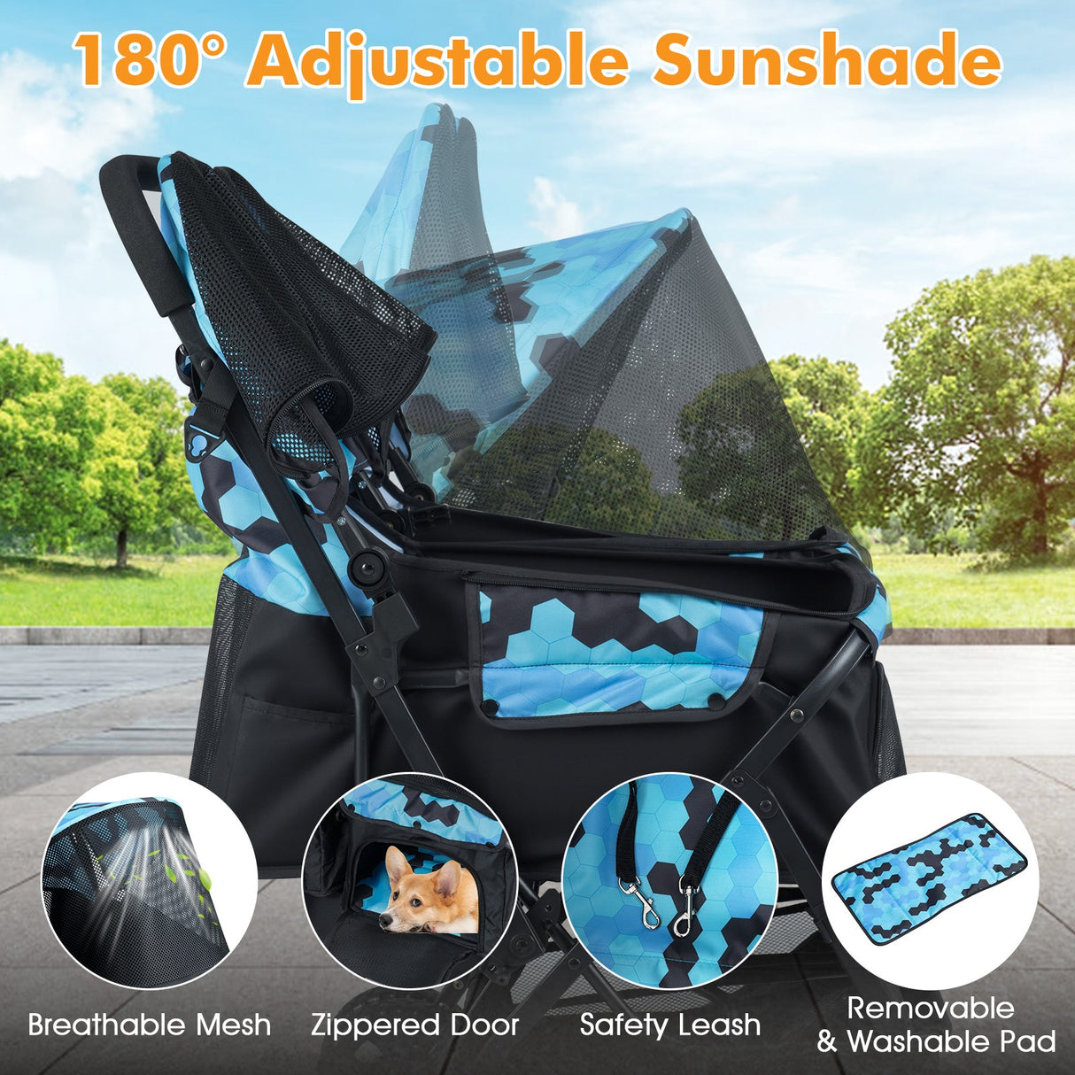 Cochecito doble plegable para mascotas con parasol ajustable y cesta de almacenamiento