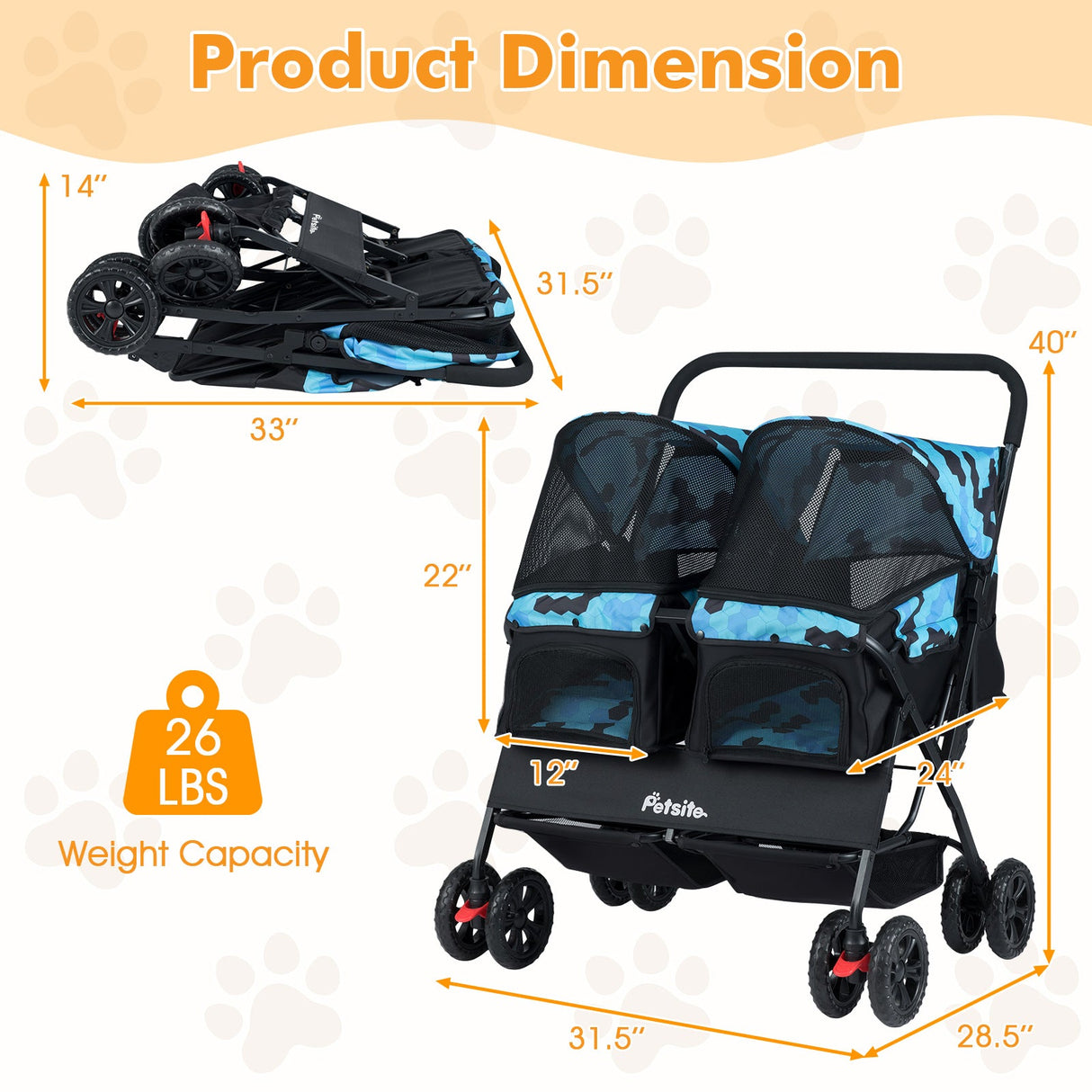 Cochecito doble plegable para mascotas con parasol ajustable y cesta de almacenamiento