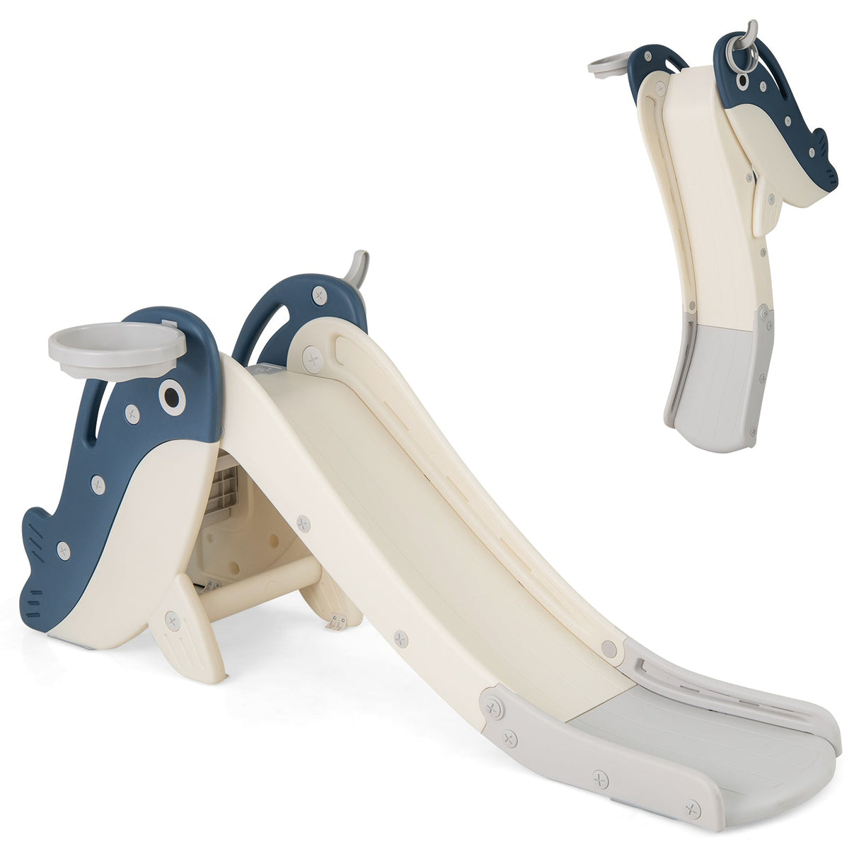 Tobogán plegable y trepador para bebés con canasta de baloncesto para niños - Azul