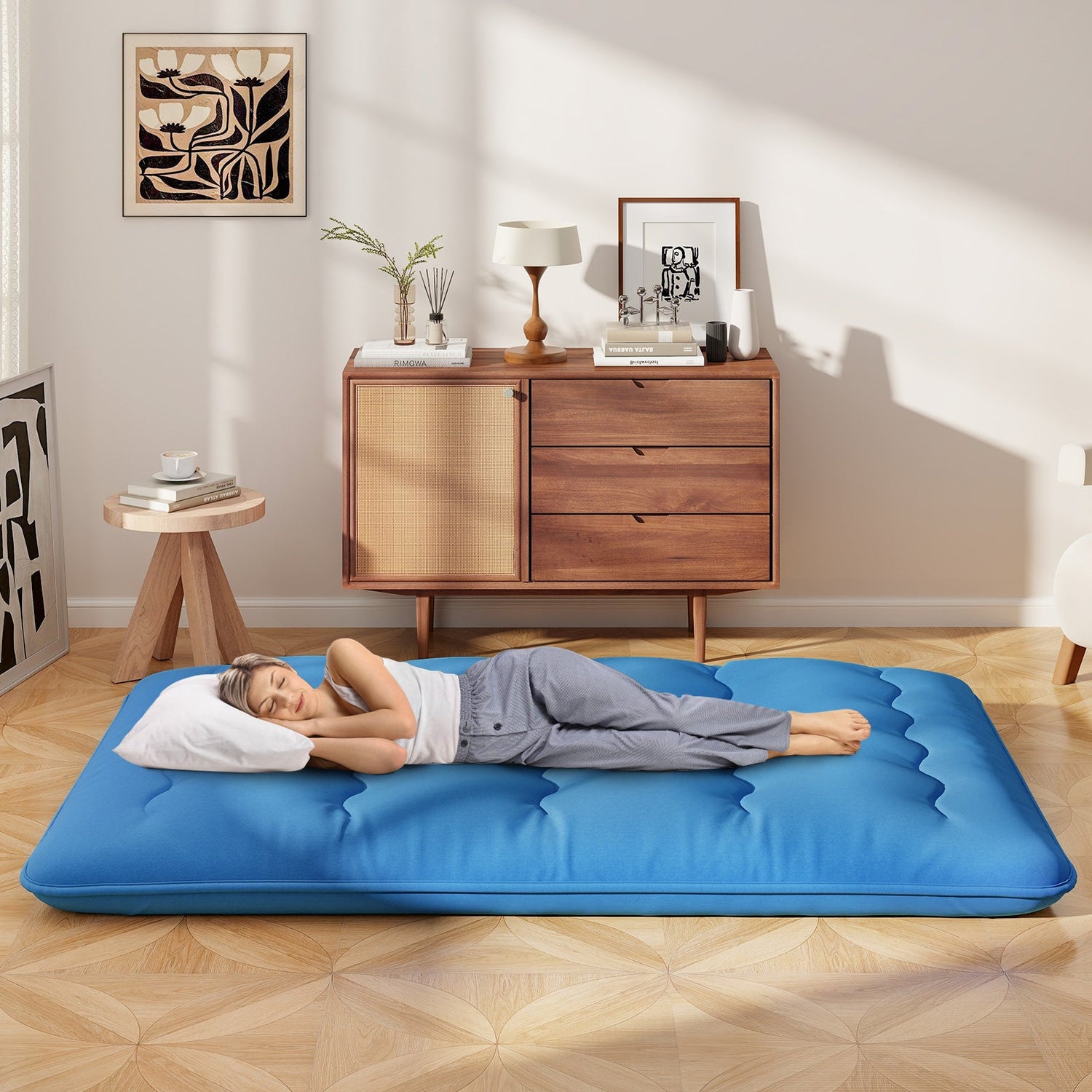 Colchón futón plegable con funda lavable y bolsa de transporte para camping, azul