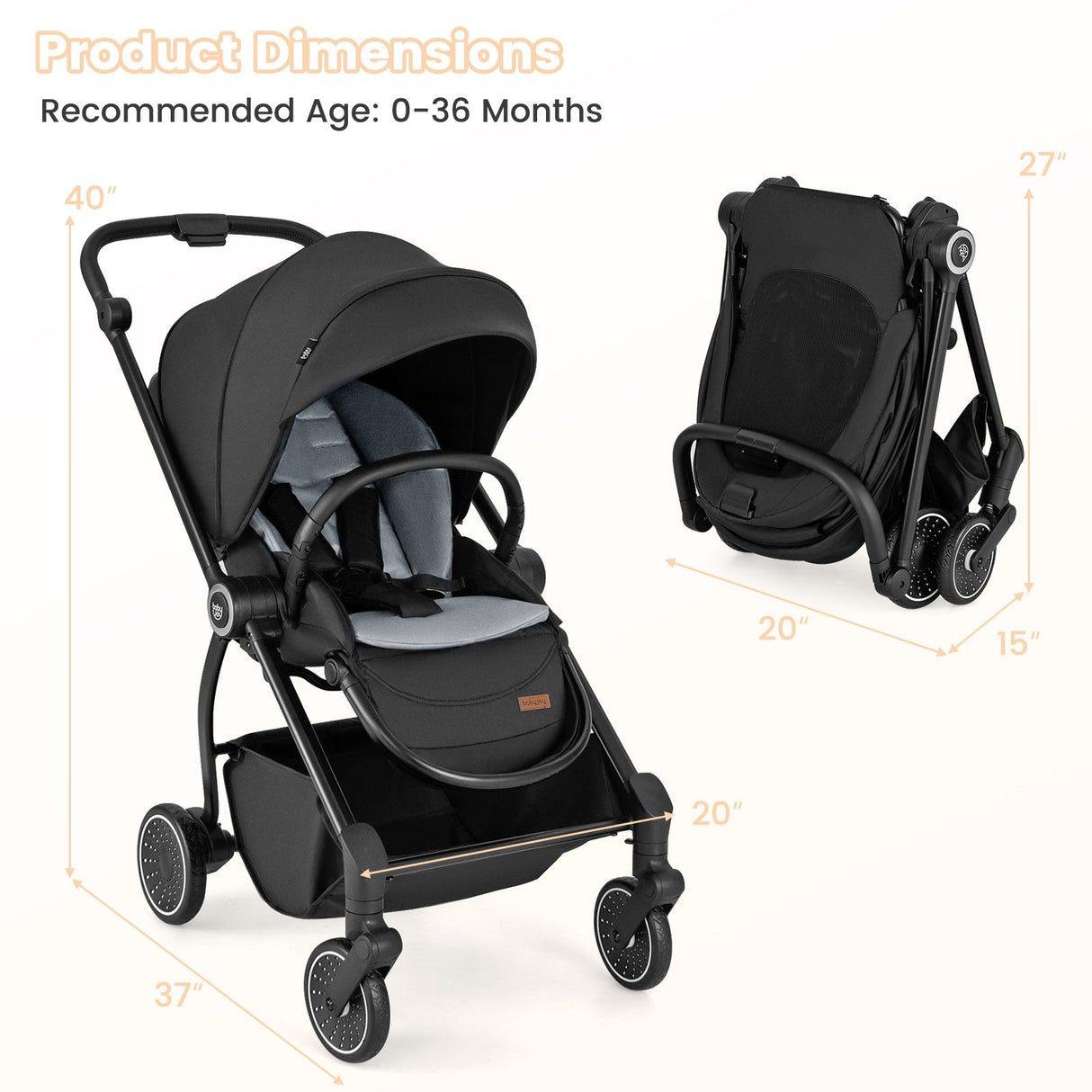Cochecito de bebé plegable con asiento reversible y respaldo reclinable