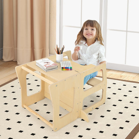 Torre de pie plegable 3 en 1 para niños pequeños con pizarra - Natural