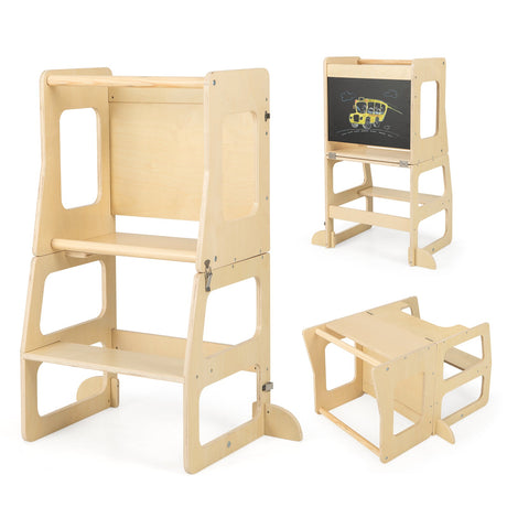 Torre de pie plegable 3 en 1 para niños pequeños con pizarra - Natural