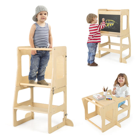 Torre de pie plegable 3 en 1 para niños pequeños con pizarra - Natural
