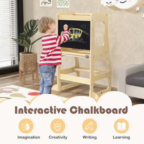 Torre de pie plegable 3 en 1 para niños pequeños con pizarra - Natural