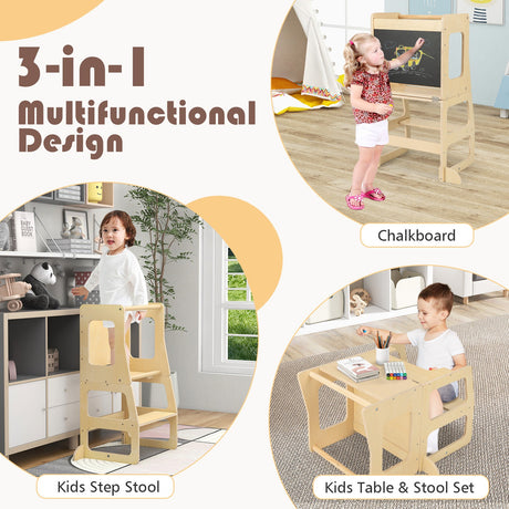 Torre de pie plegable 3 en 1 para niños pequeños con pizarra - Natural