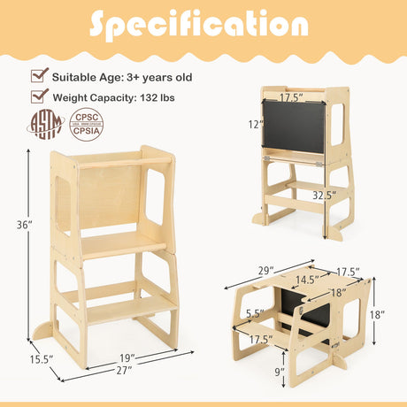 Torre de pie plegable 3 en 1 para niños pequeños con pizarra - Natural