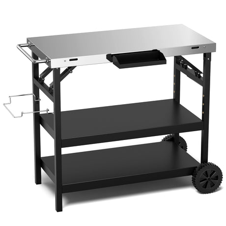 Carrito exterior plegable de 3 niveles con 2 ruedas y soporte para teléfono-Negro