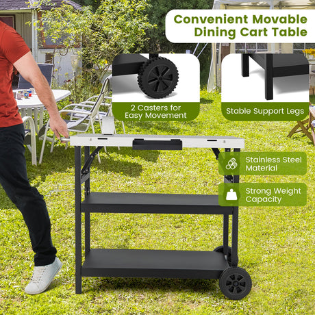 Carrito exterior plegable de 3 niveles con 2 ruedas y soporte para teléfono-Negro