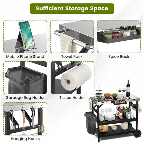 Carrito exterior plegable de 3 niveles con 2 ruedas y soporte para teléfono-Negro