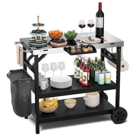 Carrito exterior plegable de 3 niveles con 2 ruedas y soporte para teléfono-Negro