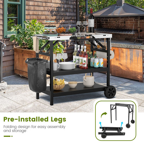 Carrito exterior plegable de 3 niveles con 2 ruedas y soporte para teléfono-Negro
