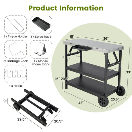 Carrito exterior plegable de 3 niveles con 2 ruedas y soporte para teléfono-Negro