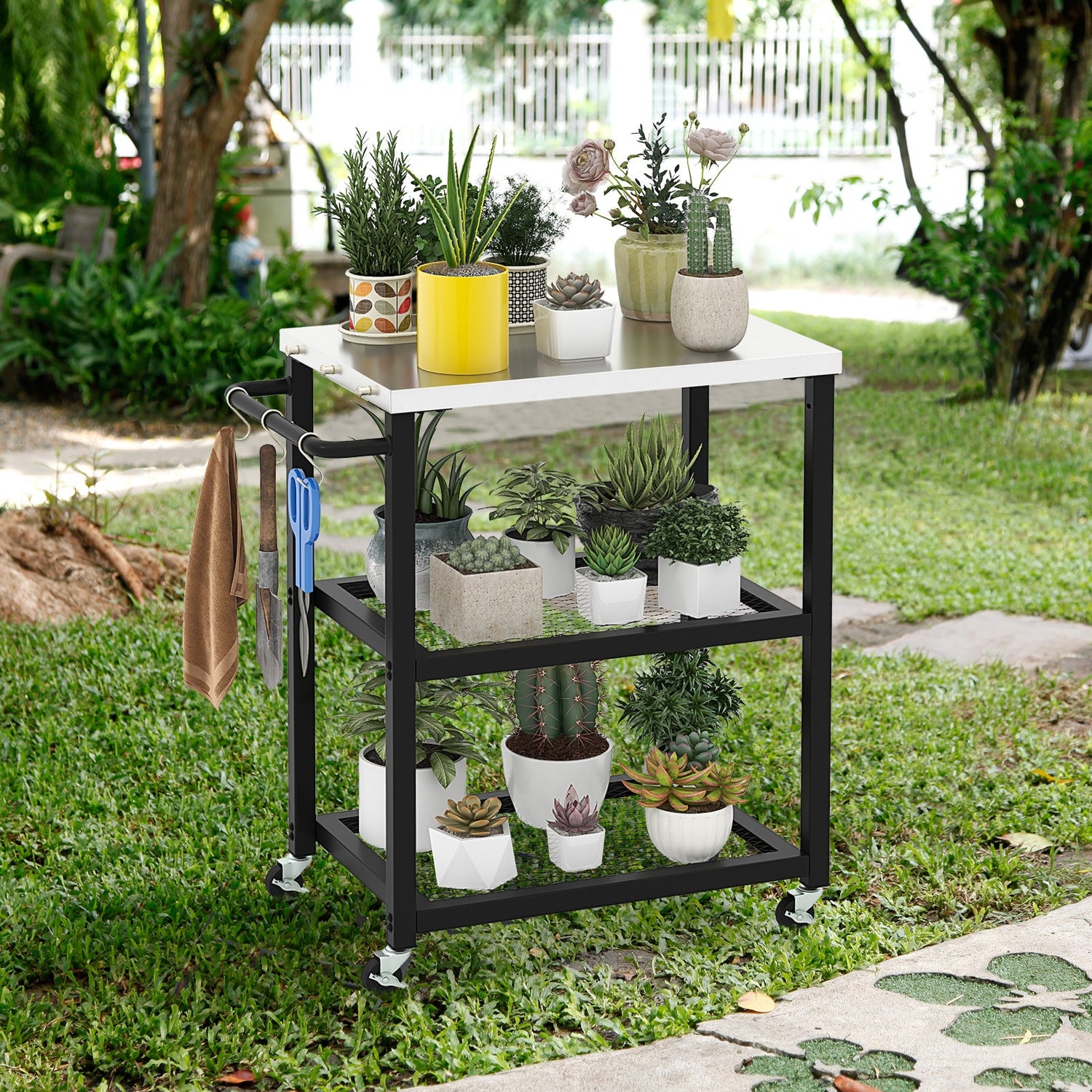Carrito de mesa plegable de 3 niveles de acero inoxidable para preparación de alimentos al aire libre con ruedas - Negro