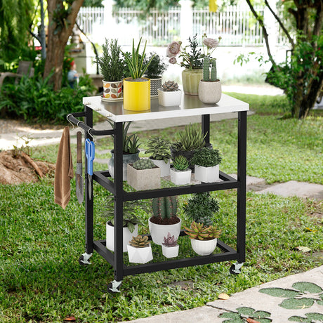 Carrito de mesa plegable de 3 niveles de acero inoxidable para preparación de alimentos al aire libre con ruedas - Negro