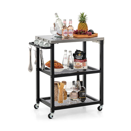 Carrito de mesa plegable de 3 niveles de acero inoxidable para preparación de alimentos al aire libre con ruedas - Negro