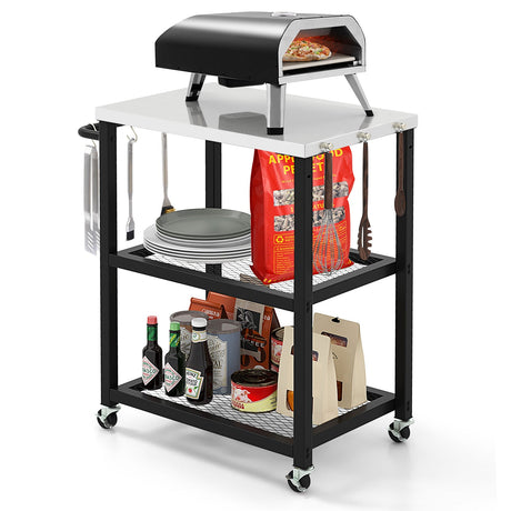 Carrito de mesa plegable de 3 niveles de acero inoxidable para preparación de alimentos al aire libre con ruedas - Negro
