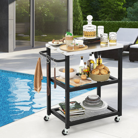 Carrito de mesa plegable de 3 niveles de acero inoxidable para preparación de alimentos al aire libre con ruedas - Negro