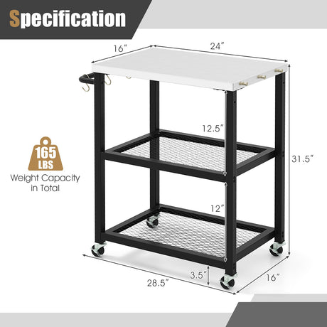 Carrito de mesa plegable de 3 niveles de acero inoxidable para preparación de alimentos al aire libre con ruedas - Negro