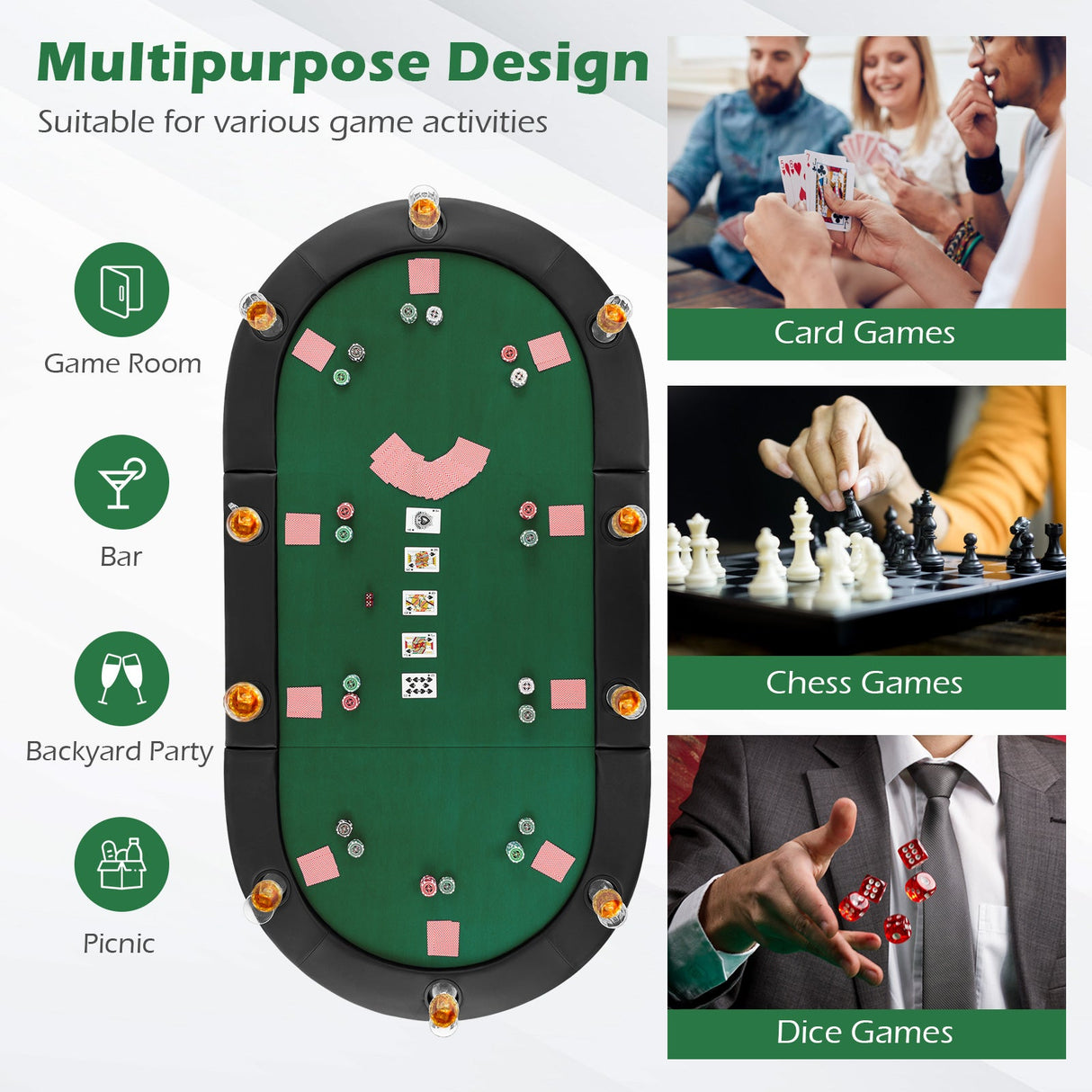 Tablero de mesa de póker plegable acolchado portátil de 84 x 42 pulgadas para 10 jugadores