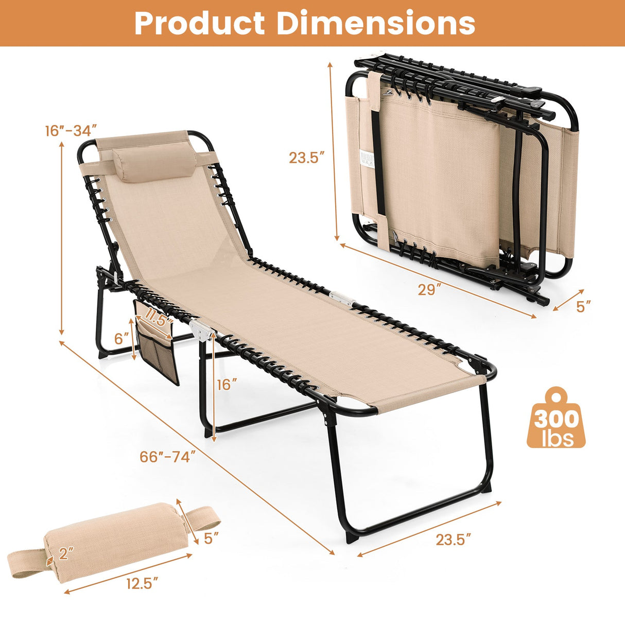 Tumbona plegable reclinable con respaldo y reposapiés ajustables