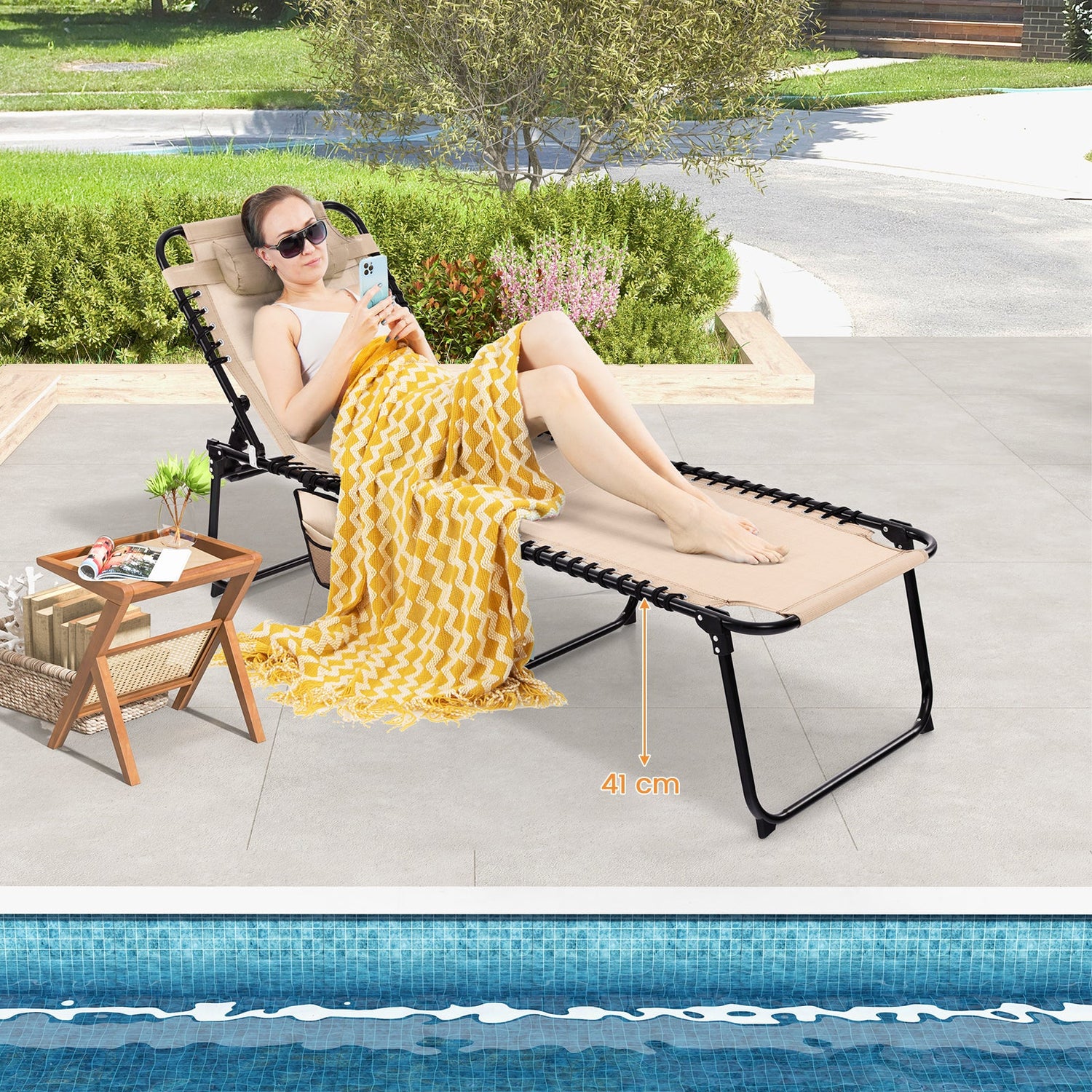 Tumbona plegable reclinable con respaldo y reposapiés ajustables