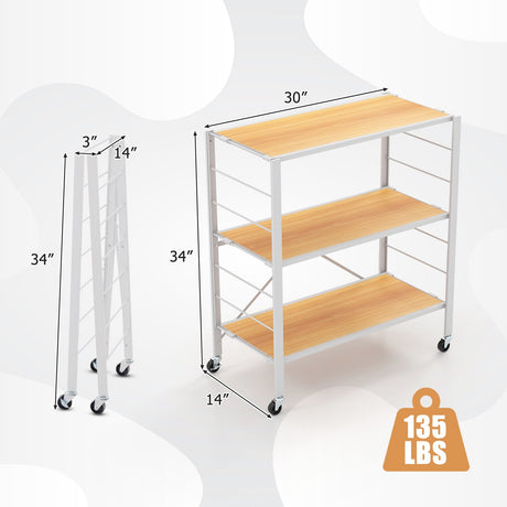 Estantería plegable de 3 niveles con ruedas desmontables y estantes ajustables