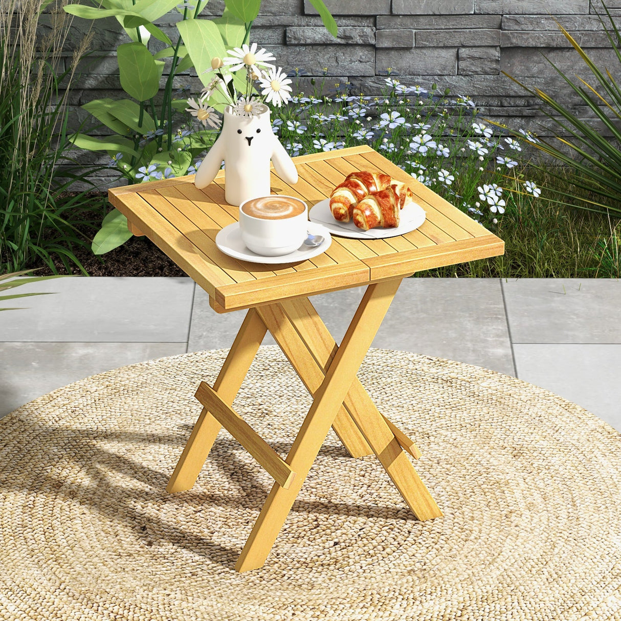 Teak Wood Square Coffee Table with X-shaped Legs and Slatted Tabletop