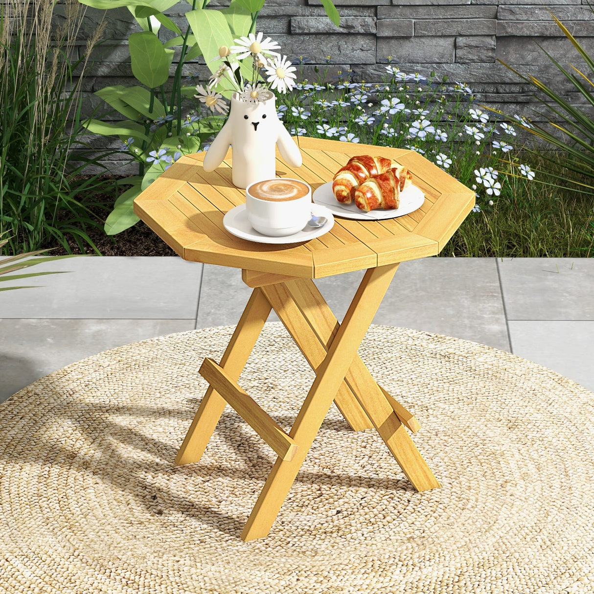 Mesa de centro octogonal de madera de teca con patas en forma de X y tablero de listones