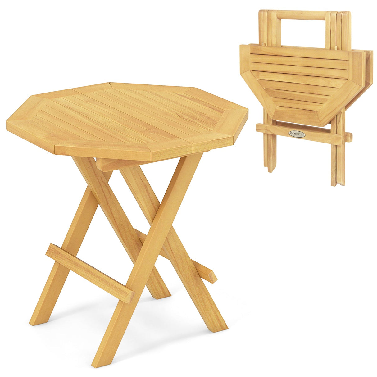 Mesa de centro octogonal de madera de teca con patas en forma de X y tablero de listones
