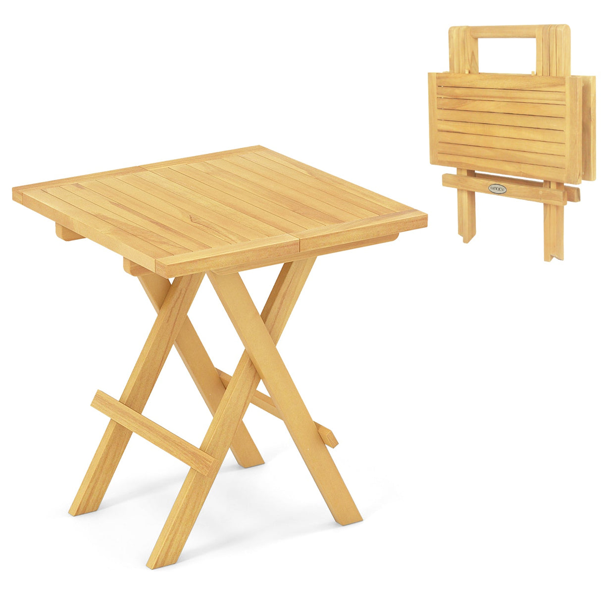 Mesa auxiliar plegable para patio con patas en forma de X y tablero de listones