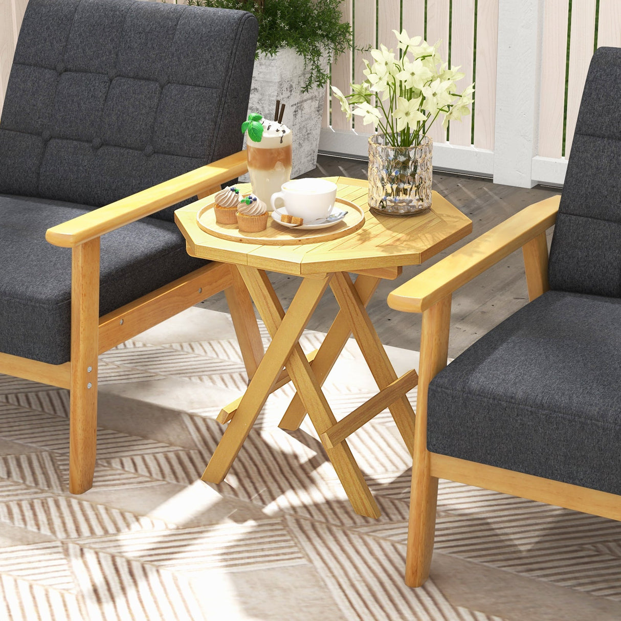 Mesa de centro octogonal de madera de teca con patas en forma de X y tablero de listones