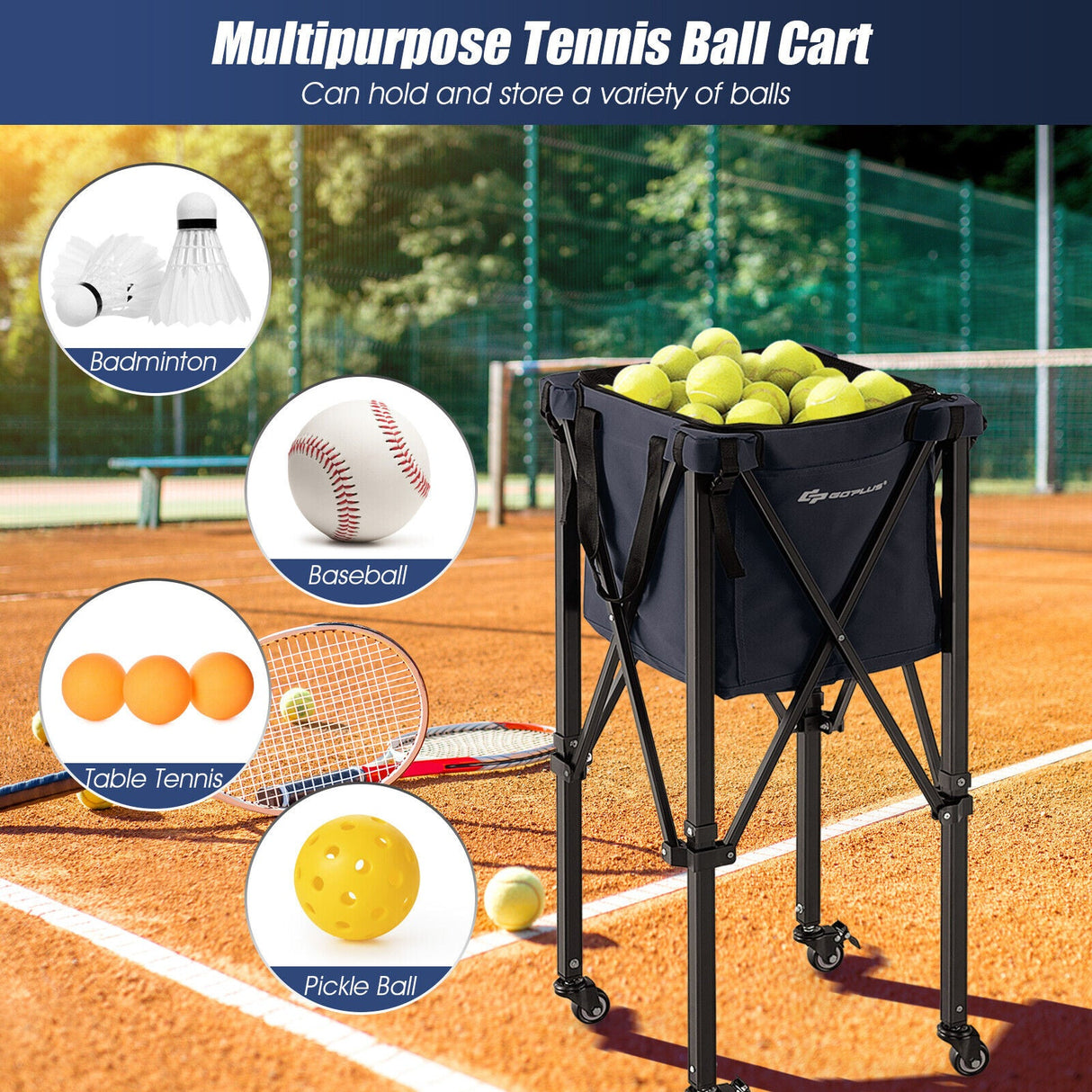 Lightweight Foldable Tennis Ball Teaching Cart with Wheels and Removable Bag