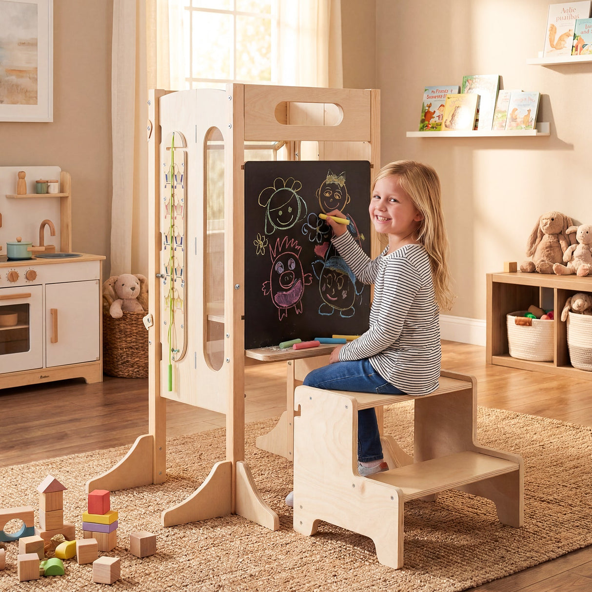 Torre Plegable para Niños Pequeños con Taburete de 2 Escalones y Red de Seguridad para Mayores de 3 Años
