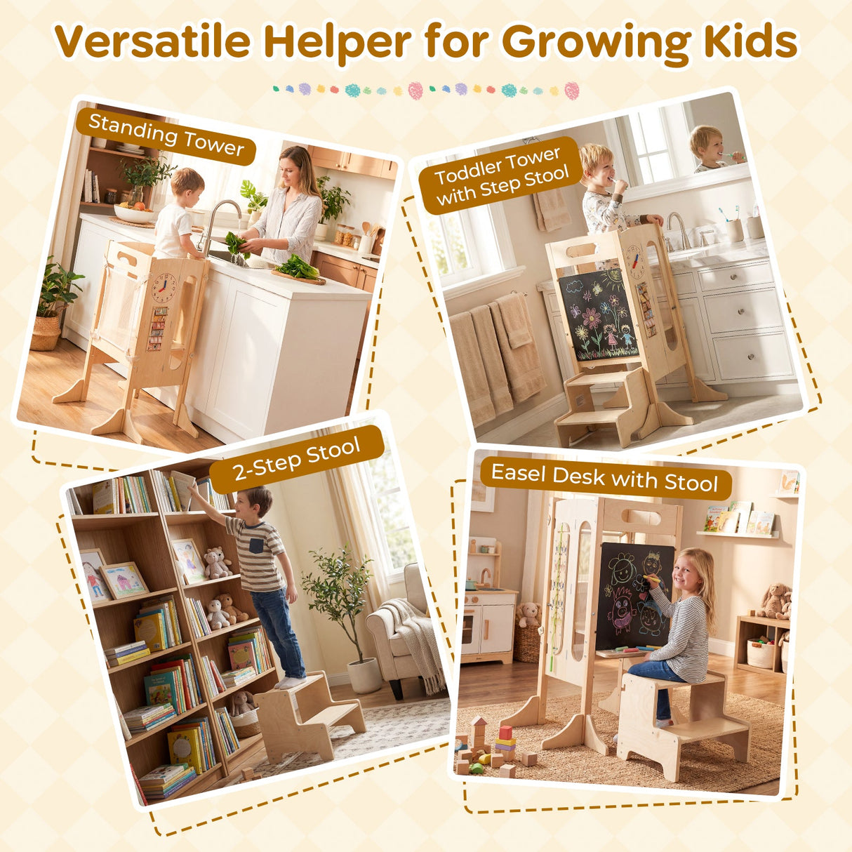 Torre Plegable para Niños Pequeños con Taburete de 2 Escalones y Red de Seguridad para Mayores de 3 Años