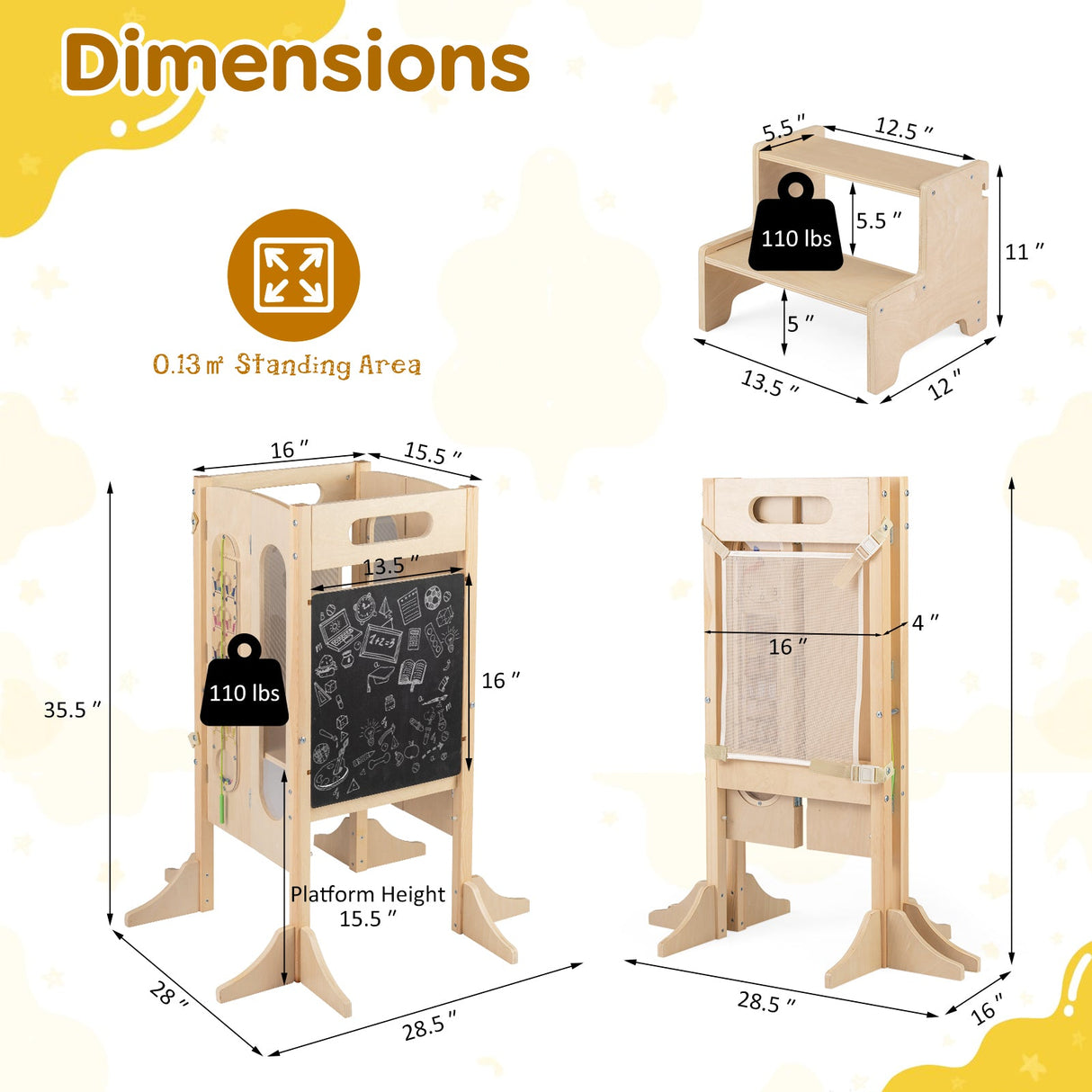 Torre Plegable para Niños Pequeños con Taburete de 2 Escalones y Red de Seguridad para Mayores de 3 Años