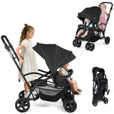 Cochecito doble tándem plegable para dos niños con asiento y plataforma, manillar ajustable - Negro
