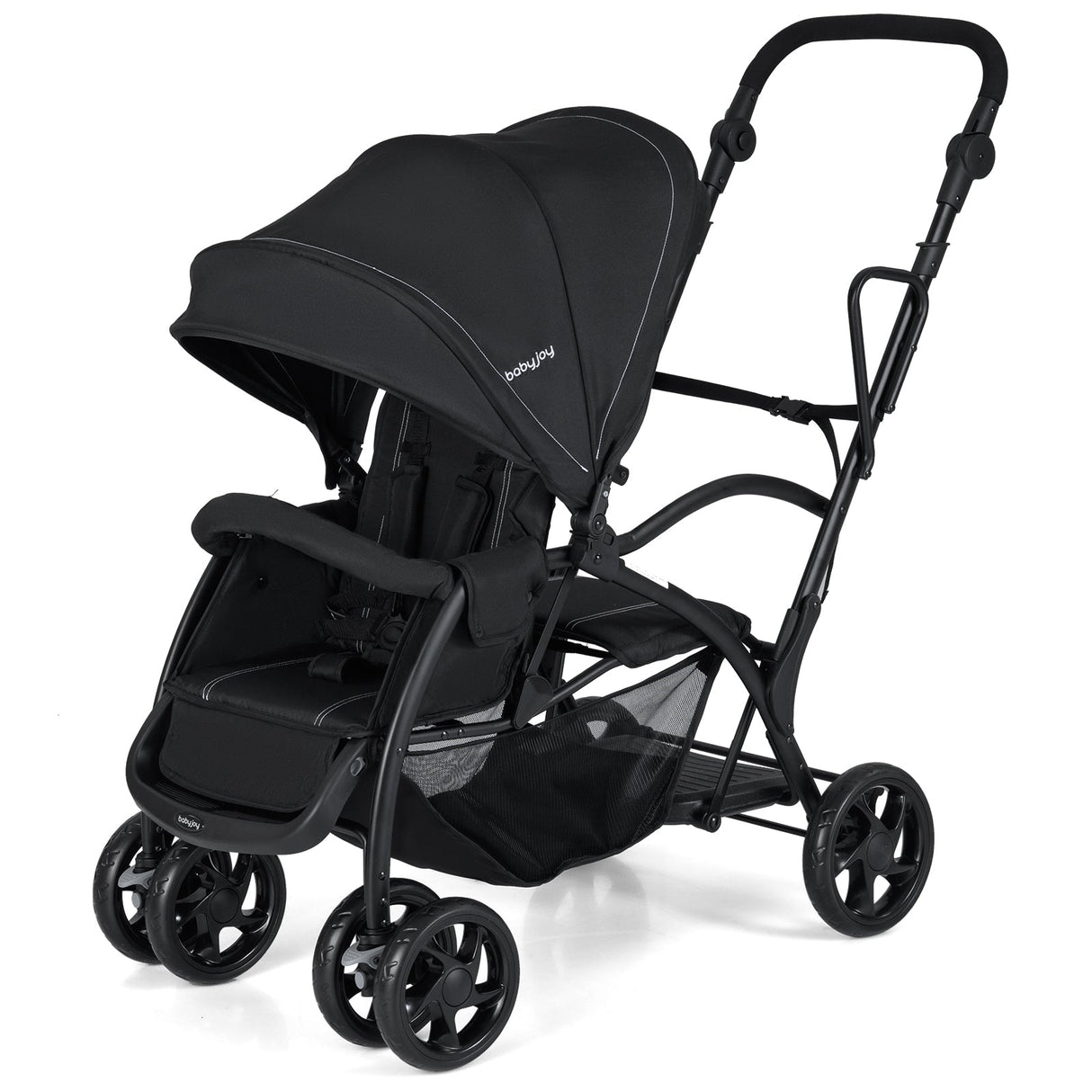 Cochecito doble tándem plegable para dos niños con asiento y plataforma, manillar ajustable - Negro