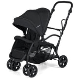Cochecito doble tándem plegable para dos niños con asiento y plataforma, manillar ajustable - Negro