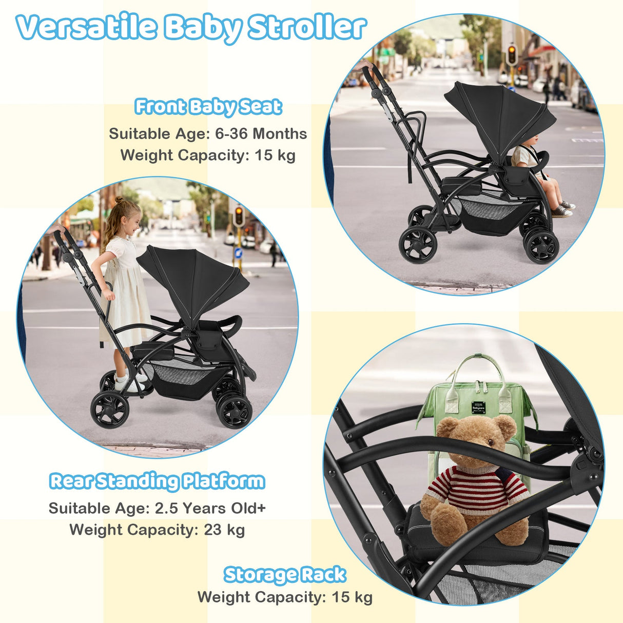 Cochecito doble tándem plegable para dos niños con asiento y plataforma, manillar ajustable - Negro