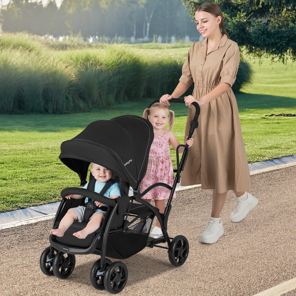 Cochecito doble tándem plegable para dos niños con asiento y plataforma, manillar ajustable - Negro