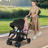 Cochecito doble tándem plegable para dos niños con asiento y plataforma, manillar ajustable - Negro