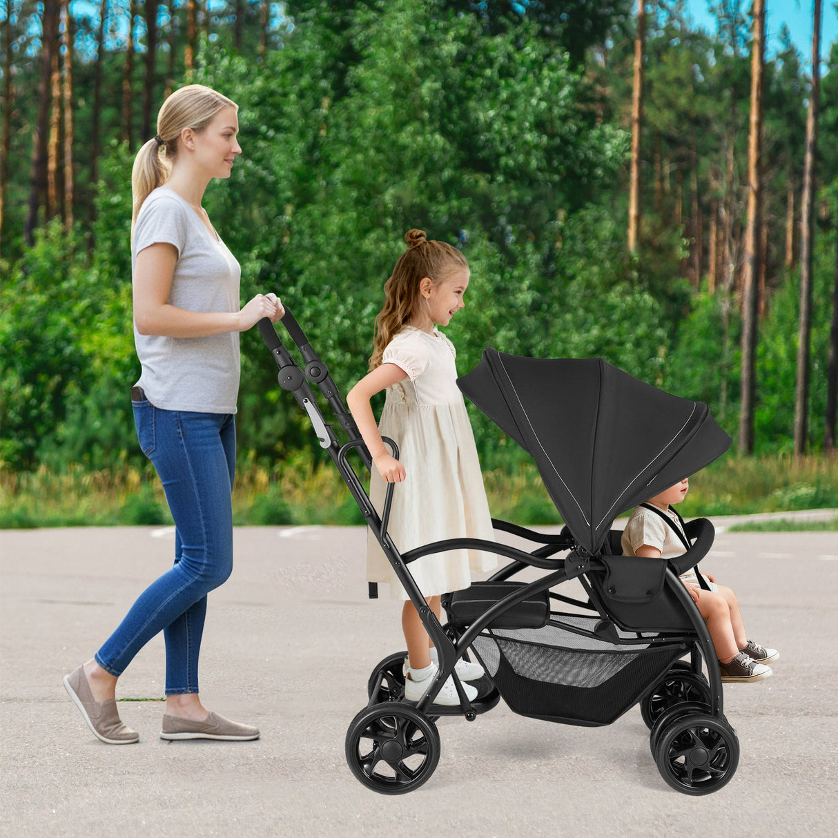 Cochecito doble tándem plegable para dos niños con asiento y plataforma, manillar ajustable - Negro
